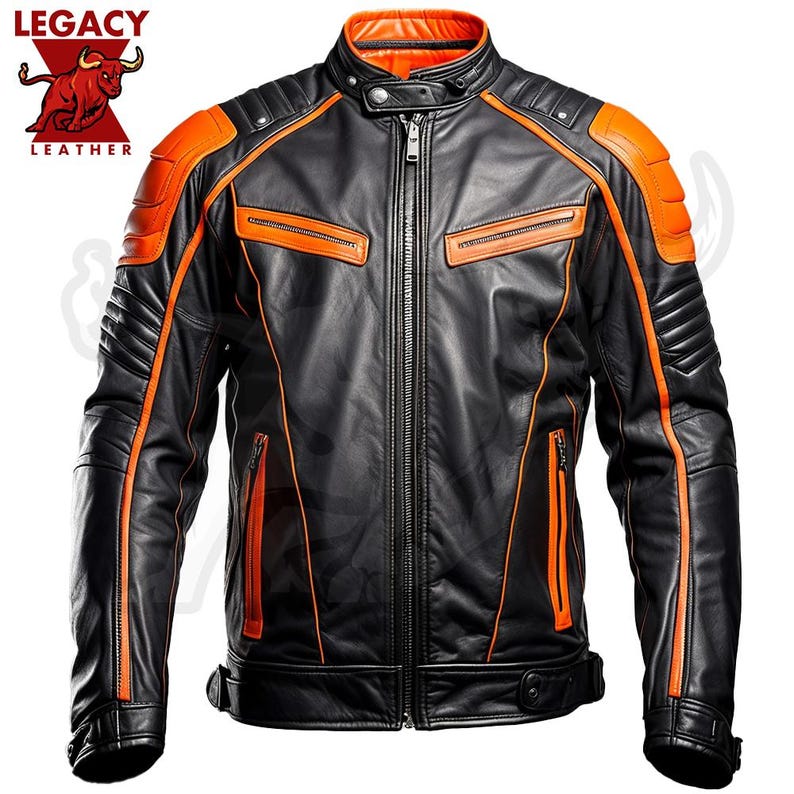 May include: Black leather motorcycle jacket with orange accents. The jacket has a zipper closure, two front pockets, and a stand-up collar.