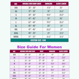 May include: Size chart for clothing with measurements in inches. The chart includes sizes from XXS to XXXXL for both men and women. The chart shows the size, suitable with body chest or bust, waist, shoulder, and sleeve length.