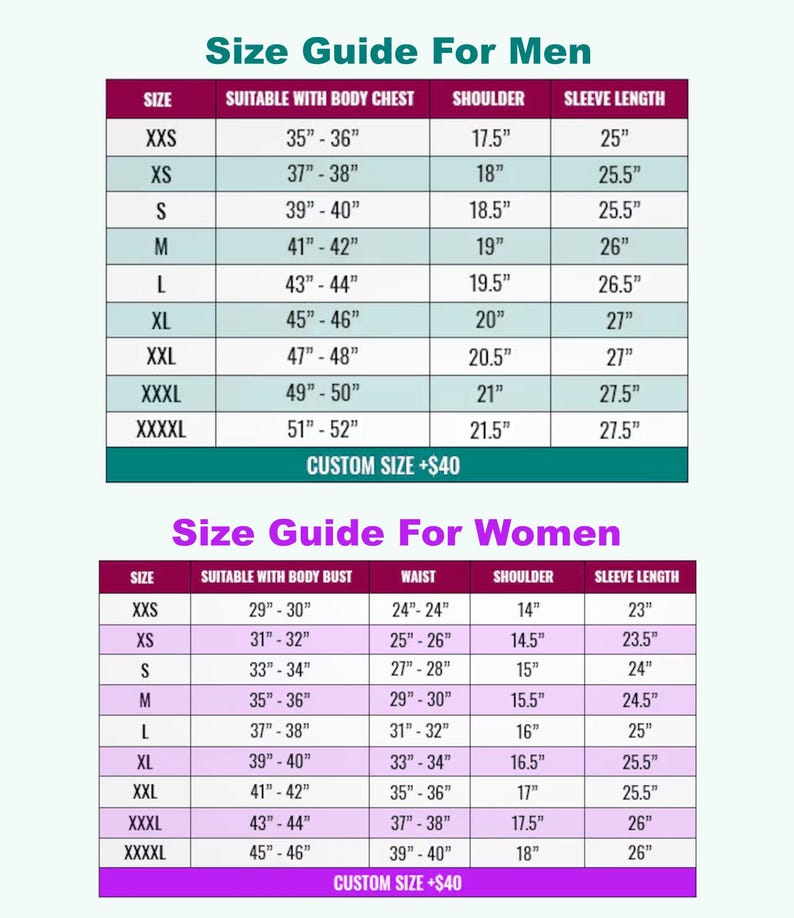 May include: Size chart for clothing with measurements in inches. The chart includes sizes from XXS to XXXXL for both men and women. The chart shows the size, suitable with body chest or bust, waist, shoulder, and sleeve length.