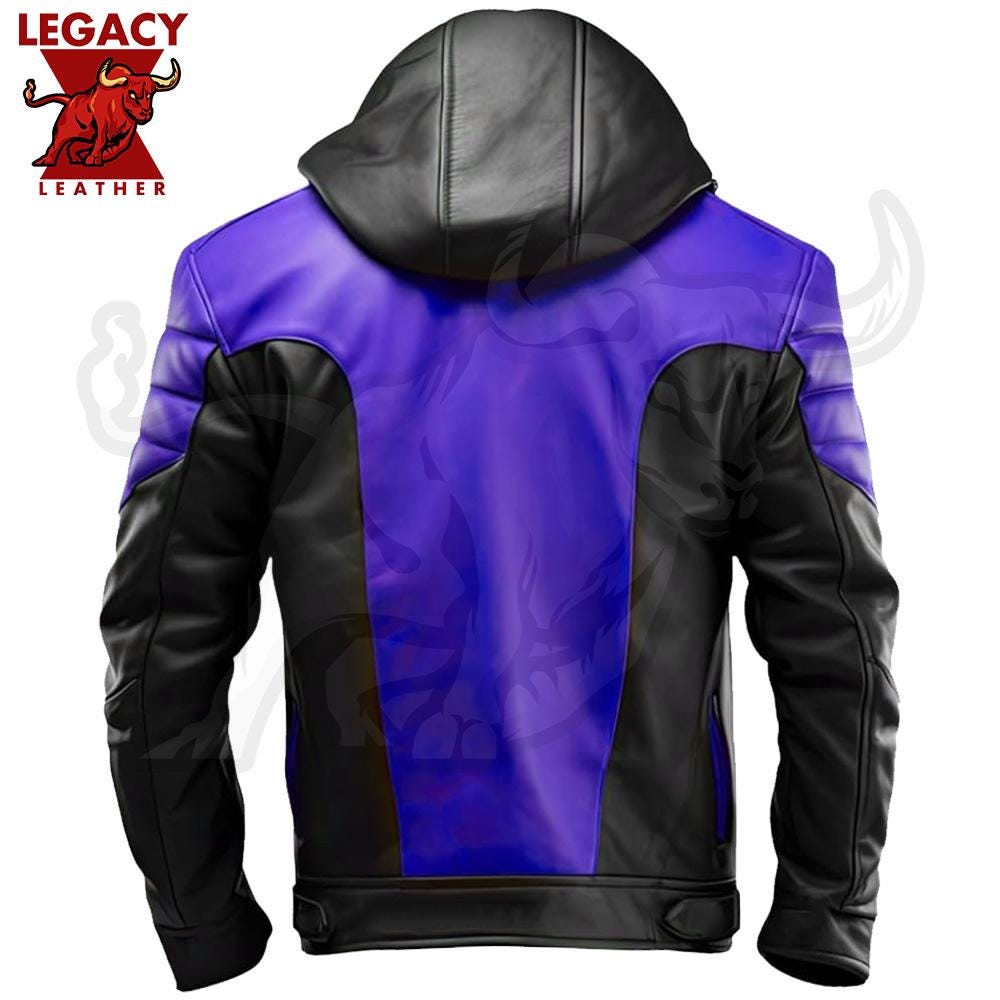 Purple & Black Leather Jacket, Functional Zipper Hooded Sheepskin Purple & Black Leather Jacket, Functional Zipper Hooded Sheepskin