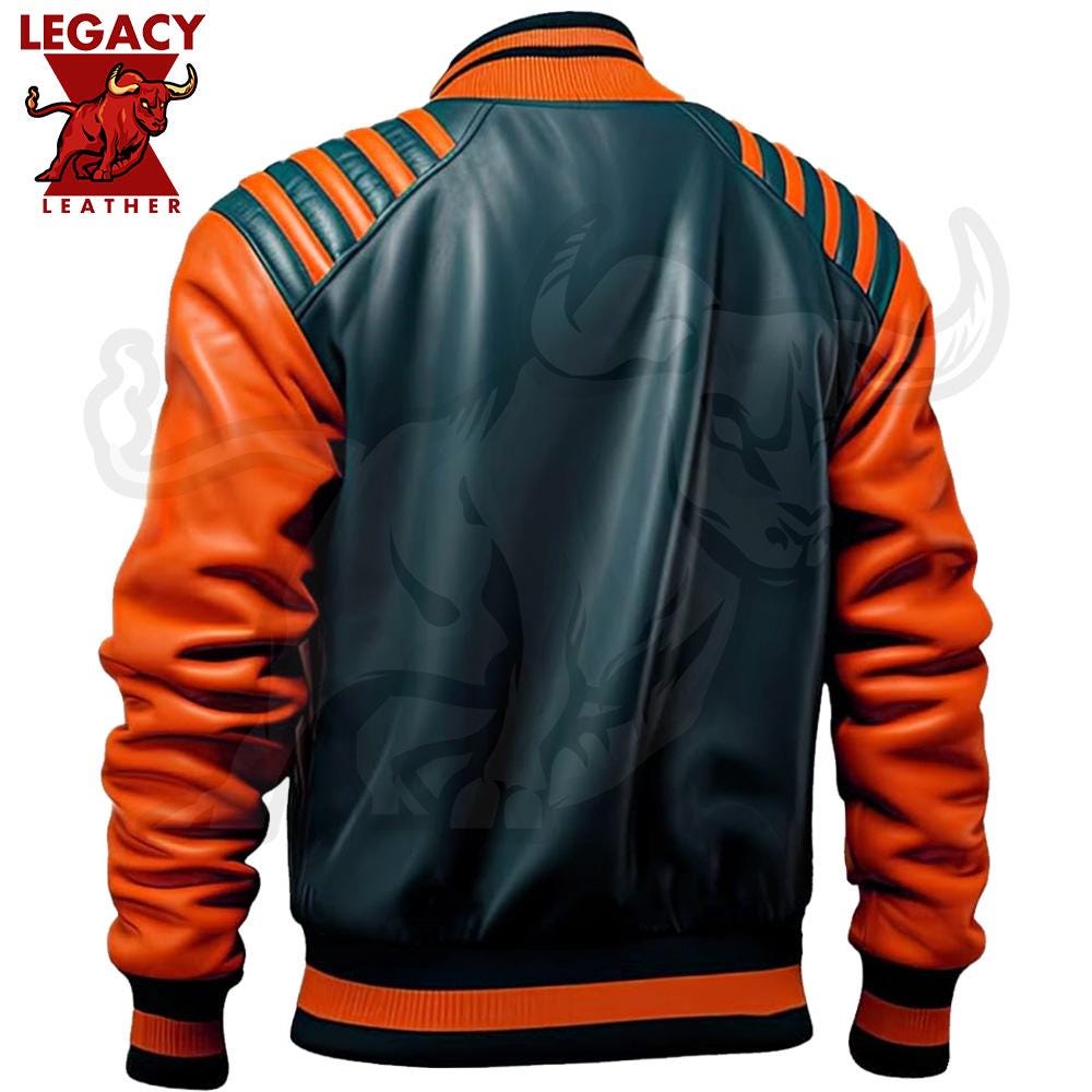 Orange Leather Varsity Jacket, Sheepskin Zip-up Classic