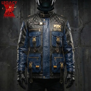 May include: A black and blue leather jacket with multiple pockets and gold-colored buckles. The jacket has a quilted pattern on the shoulders and upper back. The sleeves are blue, and the jacket has the text "HYPER ZERO" on the chest.