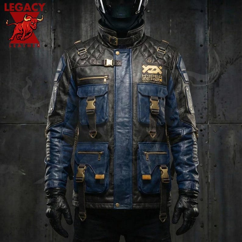 May include: A black and blue leather jacket with multiple pockets and gold-colored buckles. The jacket has a quilted pattern on the shoulders and upper back. The sleeves are blue, and the jacket has the text "HYPER ZERO" on the chest.