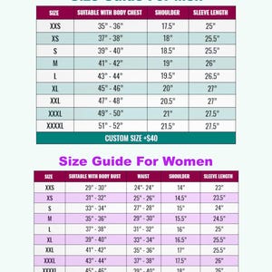 May include: A size guide for men and women, with measurements in inches. The guide includes sizes XXS to XXXXL, detailing body chest, waist, shoulder, and sleeve length measurements. Custom sizing is available for an additional fee.