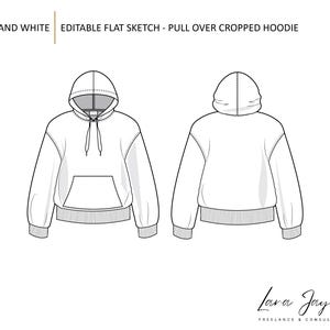 May include: Line drawing of a black and white pull-over cropped hoodie with a drawstring hood and a kangaroo pocket. The hoodie is shown from the front and back.