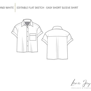 May include: A black and white line drawing of a short-sleeved shirt with a button-up front and a pocket on the left side. The shirt is shown from the front and back.