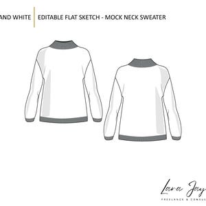 Peut inclure: Croquis plat en noir et blanc d'un pull à col montant. Le design du pull présente un corps blanc, des manches longues et un col montant et un ourlet gris. Le texte "BLACK AND WHITE EDITABLE FLAT SKETCH - MOCK NECK SWEATER" est en haut.