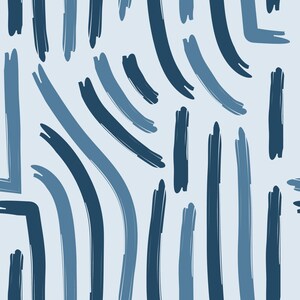 May include: Abstract pattern featuring brushstrokes in various shades of blue against a light blue background. The design includes vertical and curved lines, creating a dynamic and artistic visual texture. This pattern is suitable for fabric, wallpaper, or digital art.