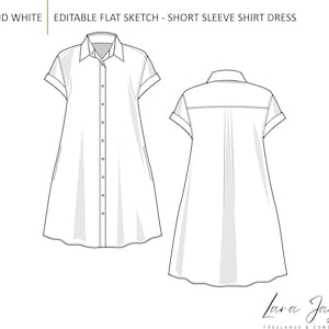 May include: A black and white flat sketch of a short sleeve shirt dress. The dress has a collared neckline, button-down front, short sleeves, and pockets. The back view of the dress is also shown. The text "BLACK AND WHITE EDITABLE FLAT SKETCH - SHORT SLEEVE SHIRT DRESS" is at the top.