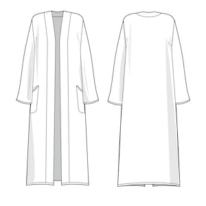 編集可能なファッションフラット | Adobe Illustrator ベクタースケッチ | レディース ダスターカーディガン | 長袖 | オープンフロント