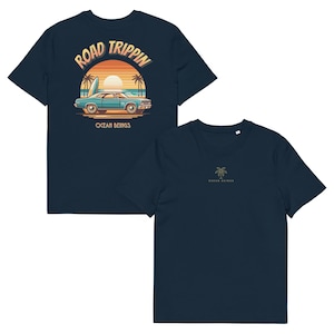 Road Trippin’ Surf T-Shirt – Unisex Organic Cotton Tee | Retro Sunset Car Design | Ocean Beings Eco Beach Shirt