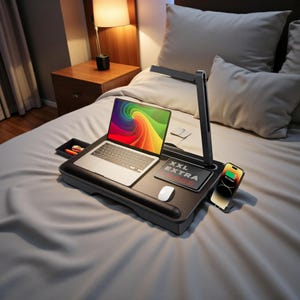 May include: A black bed desk with a laptop, mouse, and smartphone. The laptop screen displays a colorful swirl design. The desk has a built-in lamp and a tray for accessories. The smartphone is charging.