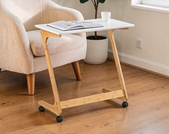 Bamboo Rolling TV Tray Table, Sofa Side Laptop Desk, Snack Tray for Couch Bed