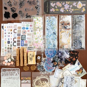 SET Vintage Blumen-Kreativset – Sticker, Stempel, Washi Tapes und mehr für Journaling, Scrapbooking und DIY-Projekte (Unikat)