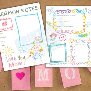 May include: A printable Mother's Day activity sheet with a colorful drawing of a flower and a sun. The sheet includes sections for sermon notes, best memory with mom, mom's talents, what you want your mom to know, and 5 things you love about your mom. The sheet also includes a space for a picture of your mom.