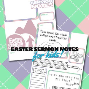 May include: Printable Easter Sunday sermon notes for kids. The notes include a title, speaker, text, and a word search puzzle. The word search puzzle has the words "They found the stone rolled away from the tomb." The notes also include a section for explaining symbols and a maze.