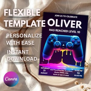 Video Game Party Invitation, EDITABLE Level Up Birthday Invite, Blue Neon Glow Invite, Glow Video Gamer Boy Template Arcade Party Invitation