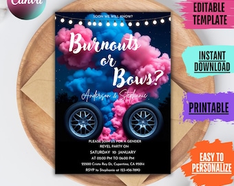 Editable Burnouts or Bows Gender Reveal Invitation | Baby Shower Digital Download
