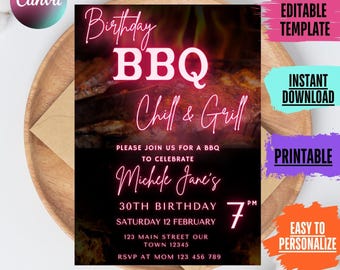 BBQ Birthday Invitation: Neon Pink Grill Party, Ladies Rustic eVite (DIY Template)