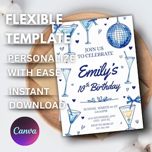 Trendy Hand-Drawn 10th Birthday Invitation | Editable Canva Template with Doodles | Blue Cocktail & Disco Ball Design