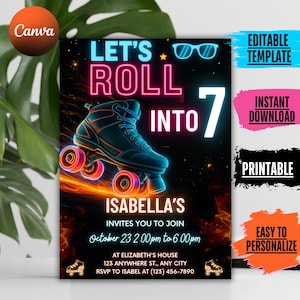 Skate Party Birthday Invitation, Party Invitation, girl, boy, Roller Skating, Retro Neon Lights, Editable Evite Template, Editable Canva