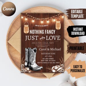 Western Nothing Fancy Just Love invitation template, Editable Cowboy and Cowgirl Wedding Reception invitation, Instant Download