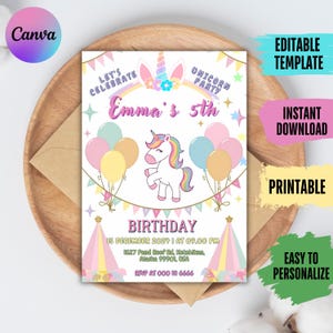 Unicorn Birthday Invitation: Rainbow Girl&#39;s Party, Editable Canva Template (Digital)