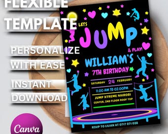 May include: A black birthday invitation with the words "Let's Jump & Play!" in bright colors. The invitation includes the name "William's" and the date, time, and location of the party. The Canva logo is in the bottom left corner.