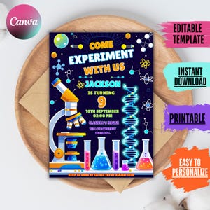 May include: A navy blue science-themed birthday invitation with the text "Come Experiment With Us" and "Jackson is turning 9". The design includes a microscope, test tubes, and a DNA strand. The invitation is an editable template.