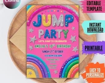 Invitación de cumpleaños para niña en trampolín: Fiesta de saltos, invitación editable (PDF o JPEG)