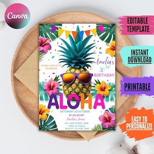 以下が含まれることがあります： トロピカルをテーマにした、30歳の誕生日パーティーのカラフルな招待状。サングラスをかけたパイナップルが、花と「ALOHA」の文字に囲まれています。イベントの詳細と「編集可能なテンプレート」のテキストが含まれています。