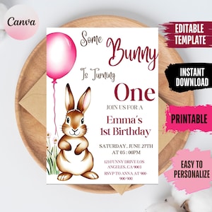 Bunny 1st Birthday Invitation: Daisy Floral, Editable Template (Digital Download)