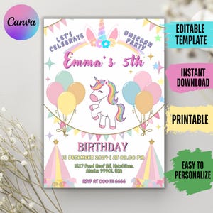 Unicorn Rainbow Girl’s Birthday Party Digital Invitation Template, Printable Digital Woman Electronic Party Card, Editable canva Invite!