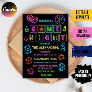 Game Night Invitation House Party Invite Board Games Party Invite Neon EDITABLE Family games night Invite Birthday template Instant Down