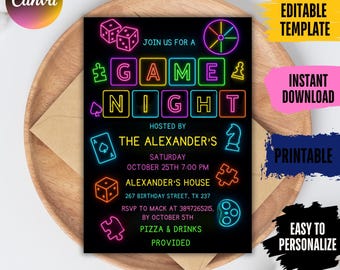 Neon Game Night Invitation: Editable House Party Invite (Digital Download)