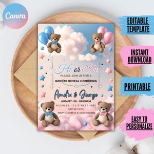 Editable Gender Revel Bear Baby Shower Invitation, Girl Boy We Can Bearly Wait Baby Shower Invite, Pink Blue Boho Bear Shower Shower