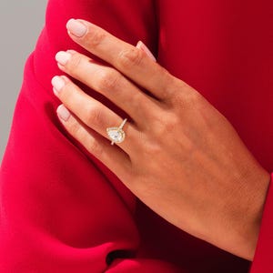 Bezel Set Pear Cut Solitaire Moissanite Engagement Ring 2 Carat Pear Lab Grown Diamond Solitaire Ring Pear Moissanite Ring with Halo