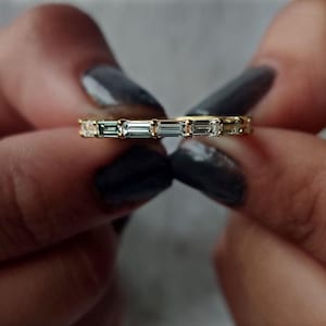 Eternity Band with Baguette Diamonds - Moissanite Wedding Ring in Yellow or Rose Gold