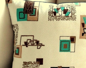 1950s Vintage Retro Barkcloth Pillow Cover - Turquoise, Dk Chocolate, Metallic Gold on Off-White - Many Sizes Available