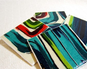 Vintage Barkcloth Tropical Retro Coasters - GREAT Gift Idea - Blues, Turquoise, Lime, Teal, Red - Ceramic Tiles - Set of 4 - approx 4" x 4"