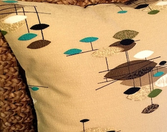 Mid Century Modern Pillow Cover - Vintage Barkcloth - Taupe and Turquoise Jetsons Space-Age - Many Size Options