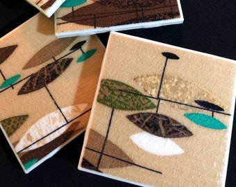 Vintage Jetsons TAN, Turquoise, Brown Barkcloth Coasters - GREAT Gift Idea - Ceramic Tiles - Set of 4 - approx 4" x 4"