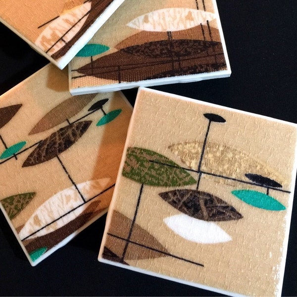 Vintage Jetsons TAN, Turquoise, Brown Barkcloth Coasters - GREAT Gift Idea - Ceramic Tiles - Set of 4 - approx 4" x 4"