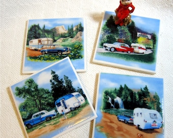 Vintage Trailers Drink Coasters - Mid Century Travel - Great Gift Idea - Ceramic Tile - Set of 4 -- approx 4" x 4"