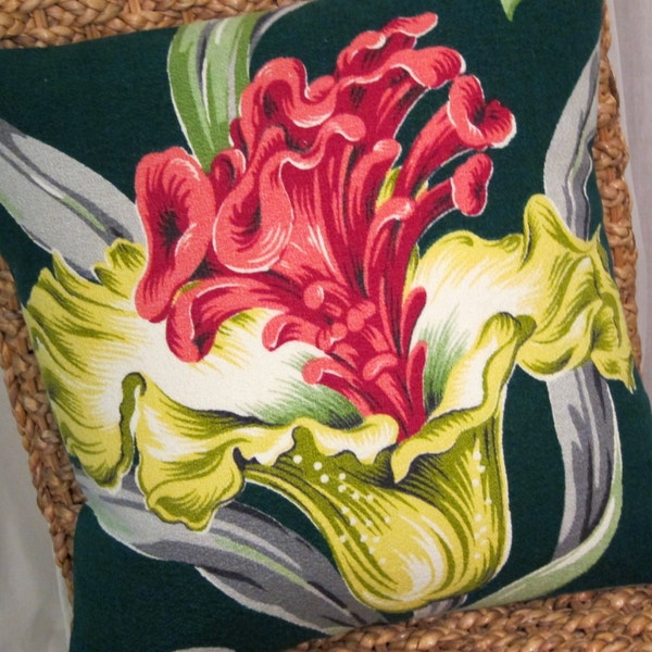 Tropical Floral Vintage Barkcloth Pillow Cover - One-of-a-Kind - Bold Pinks, Greens, Dk Green - 17" x 17"