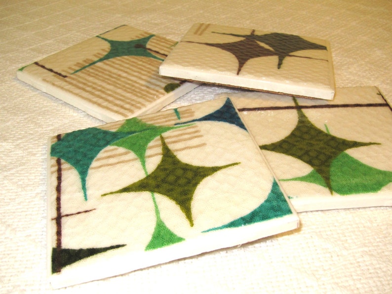 Vintage Starlight Room Barkcloth Coasters GREAT Gift Idea Ceramic Tiles Set of 4 approx 4 x 4 FREE SHIPPING image 5