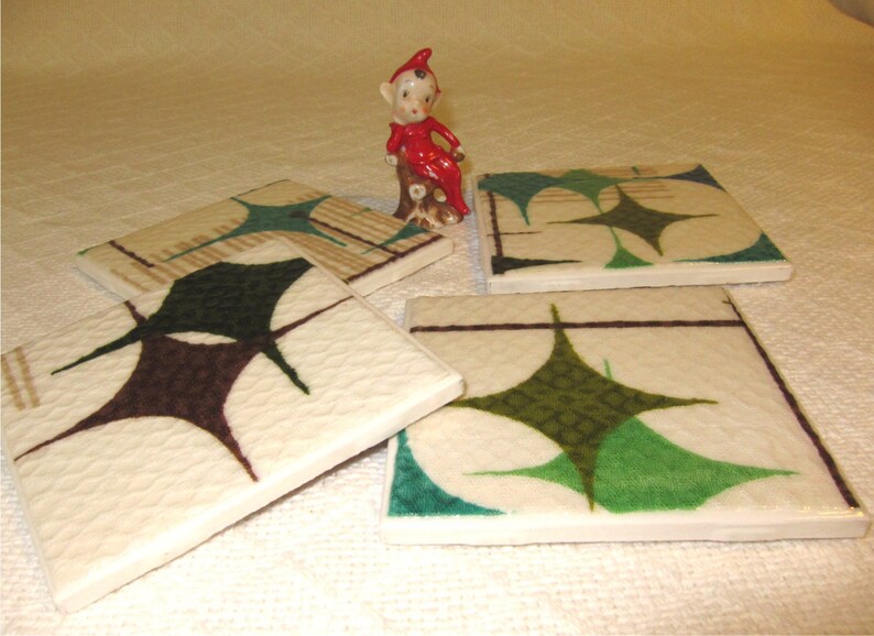 Vintage Starlight Room Barkcloth Coasters GREAT Gift Idea Ceramic Tiles Set of 4 approx 4 x 4 FREE SHIPPING image 4