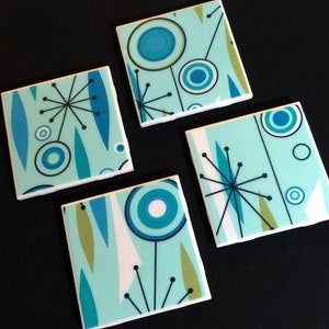 Jetson's Turquoise Jet Set Space Age Atomic Starburst Tile Coasters Great Gift Idea Set of Four image 4