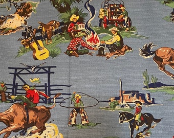 vintage Barkcloth Cowboys and Horses ~ Housse d’oreiller - Rouge, marron, vert sur bleu profond - Plusieurs tailles disponibles