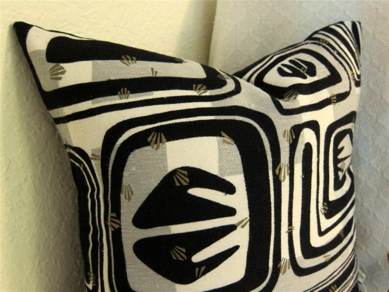 Mid Century Modern Pillow Cover Nubby Vintage Textile Art Deco Googie Black Grey Metallic Gold Off White ONE LEFT choose size image 2